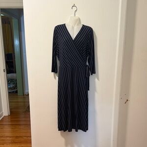 Tommy Hilfiger Chic Navy and White Striped 3/4 Sleeve Faux Wrap Dress